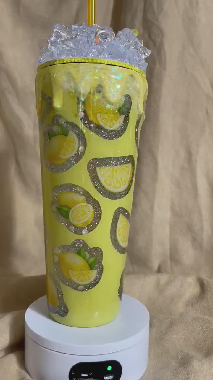 Lemonade Tumbler (the zest is yet to come) Peekaboo Snow Globe Tumbler (24oz) with ice and lemons topper.
