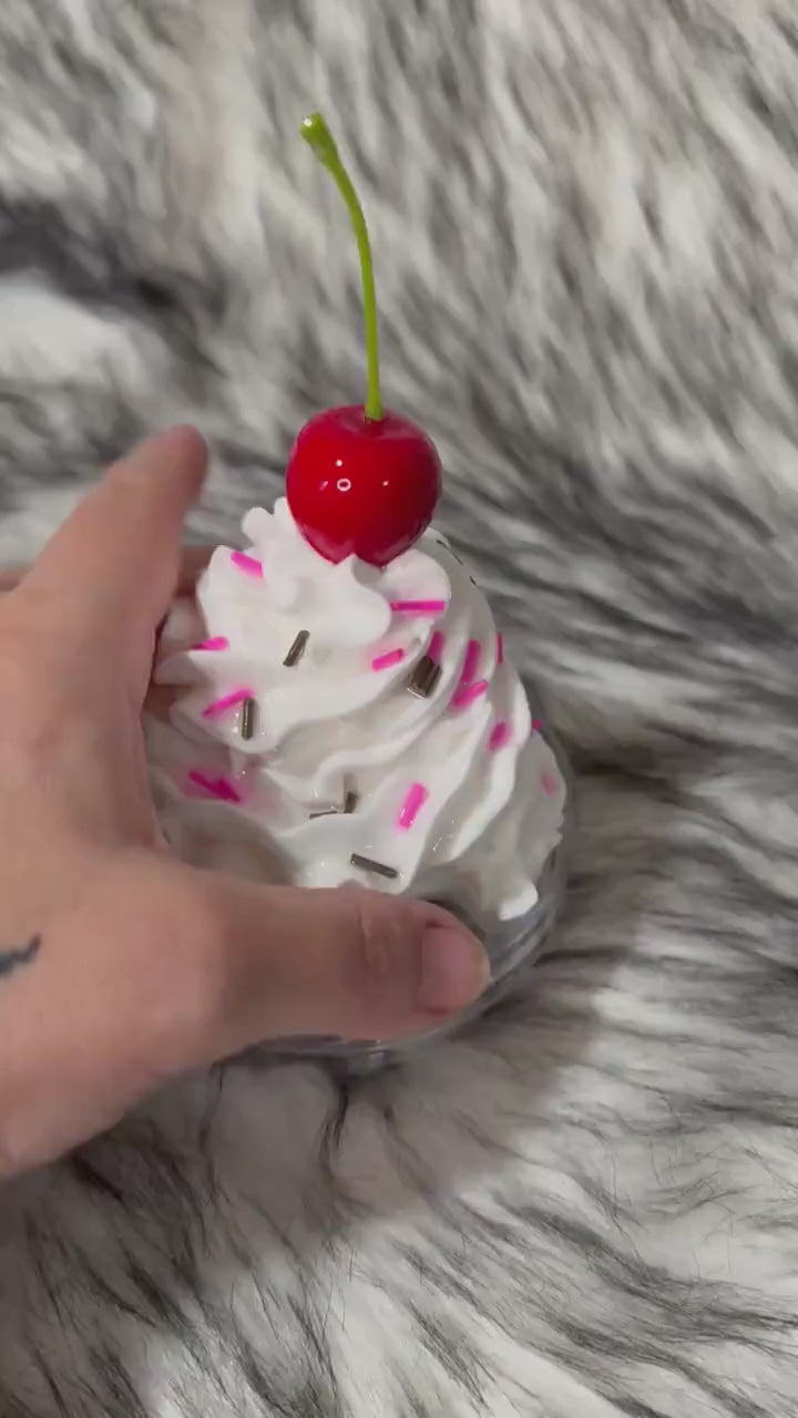 Whipped Cream Topper with hot pink and chocolate fake sprinkles, Removable Cup Lid Topper, Fake Whipped Cream with Cherry Top
