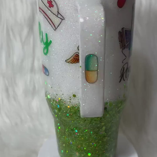RN Tumbler: White & Green Glitter, 3D Pills Topper