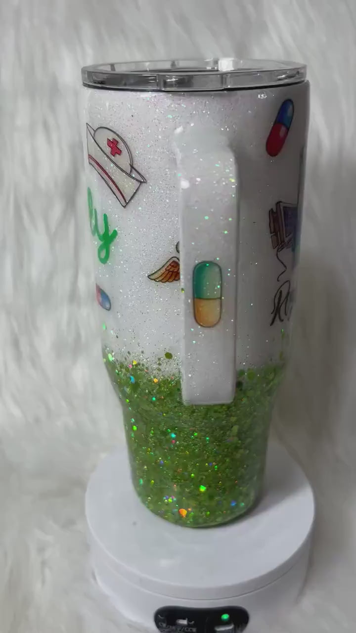 RN Tumbler: White & Green Glitter, 3D Pills Topper