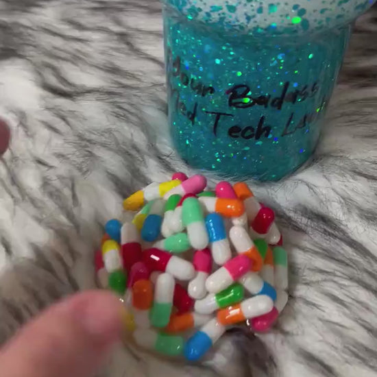 Medical Technician tumbler with 3D fake pills removable topper, white and teal glitter Med Tech Cup. Bottom glitter color can be changed.
