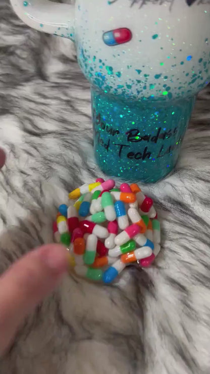 Medical Technician tumbler with 3D fake pills removable topper, white and teal glitter Med Tech Cup. Bottom glitter color can be changed.