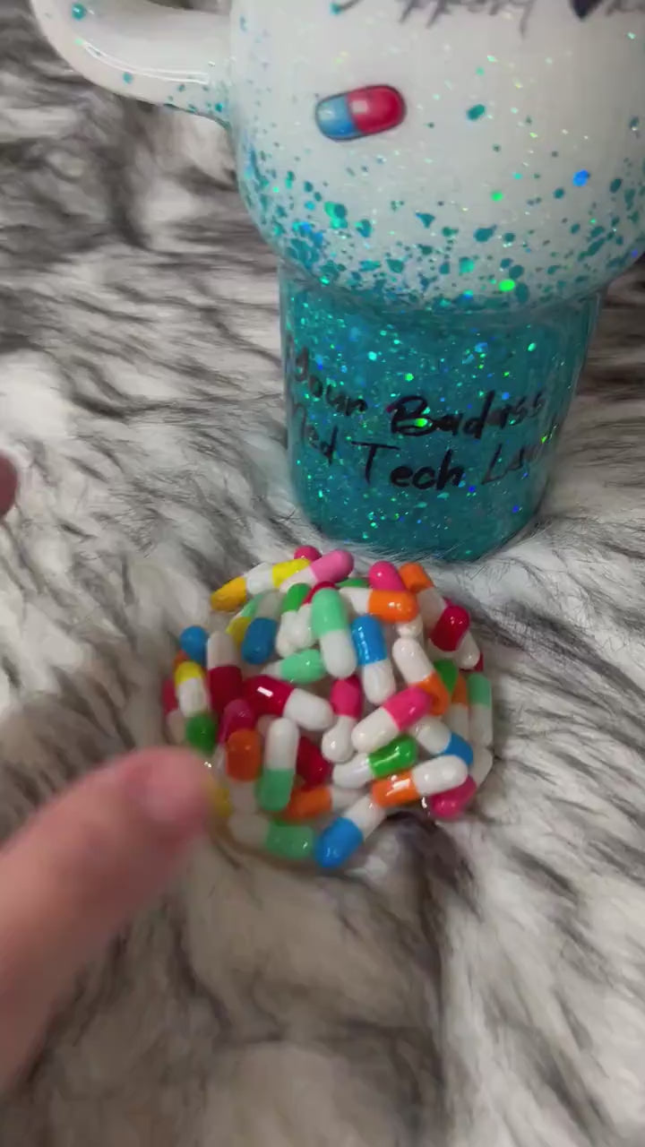 Medical Technician tumbler with 3D fake pills removable topper, white and teal glitter Med Tech Cup. Bottom glitter color can be changed.