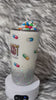 Pharmacist Tumbler with 3D fake pills removable topper, white and silver glitter. Bottom glitter color can be changed. Personalizeable Cup.