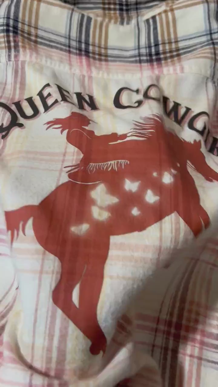 Bleached distressed, super soft real flannel, Queen Cowgirl Delicate Ivory color, horse and butterflies cowgirl flannel, gift for her.