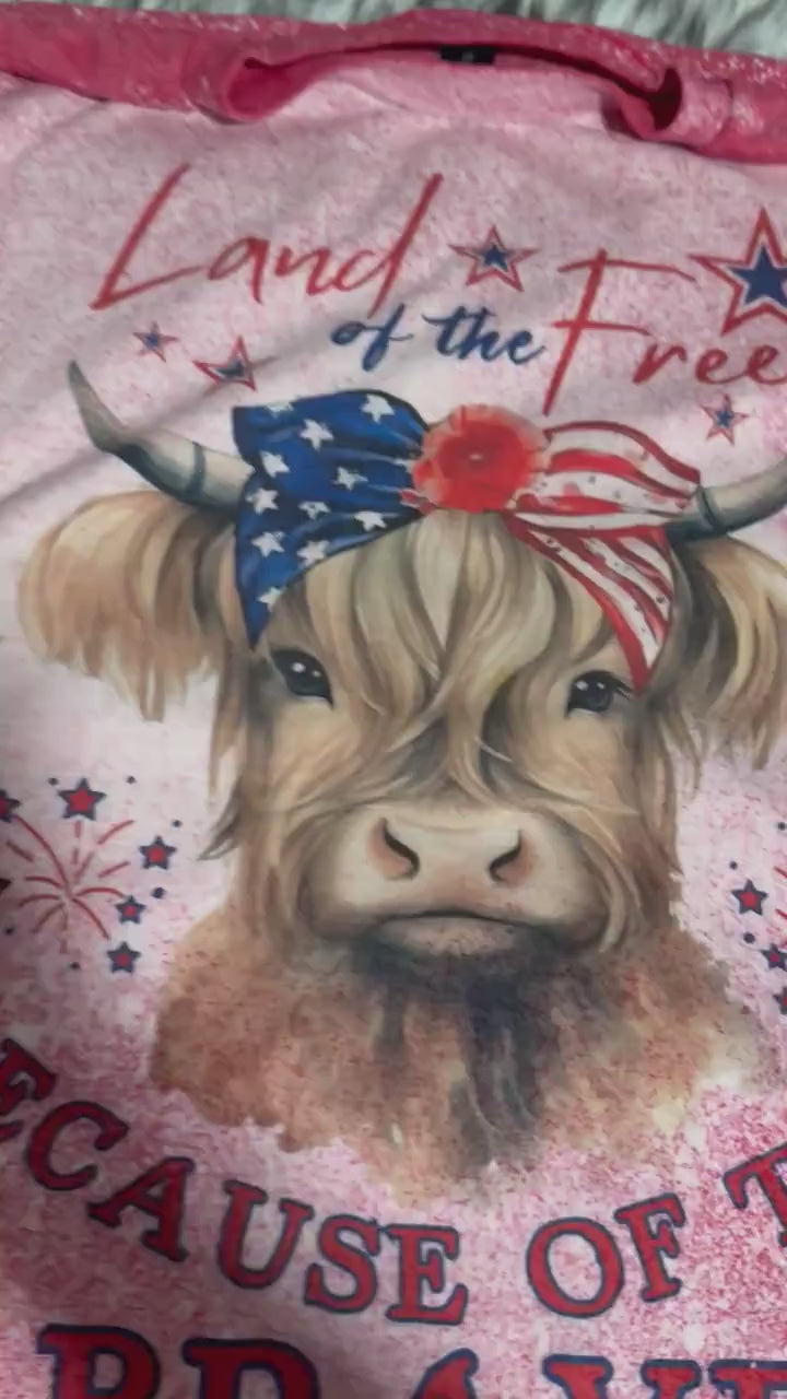 Land of the Free because of the Brave shirt, Highland Patriotic Cow Tshirt, USA Flag Shirt, Soft Cotton Streetwear Shirt, Independent Tshirt