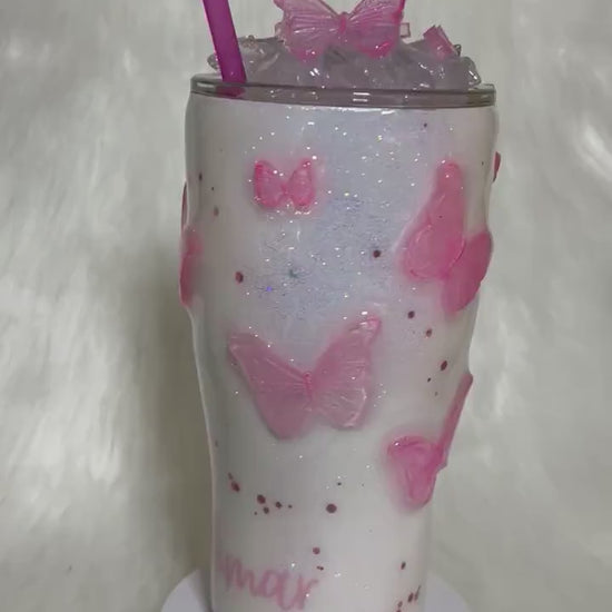 Pink Butterflies Tumbler with 3D butterflies and 3D removable butterflies lid topper, Baby pink, pink tumbler, glitter pink and white cup.