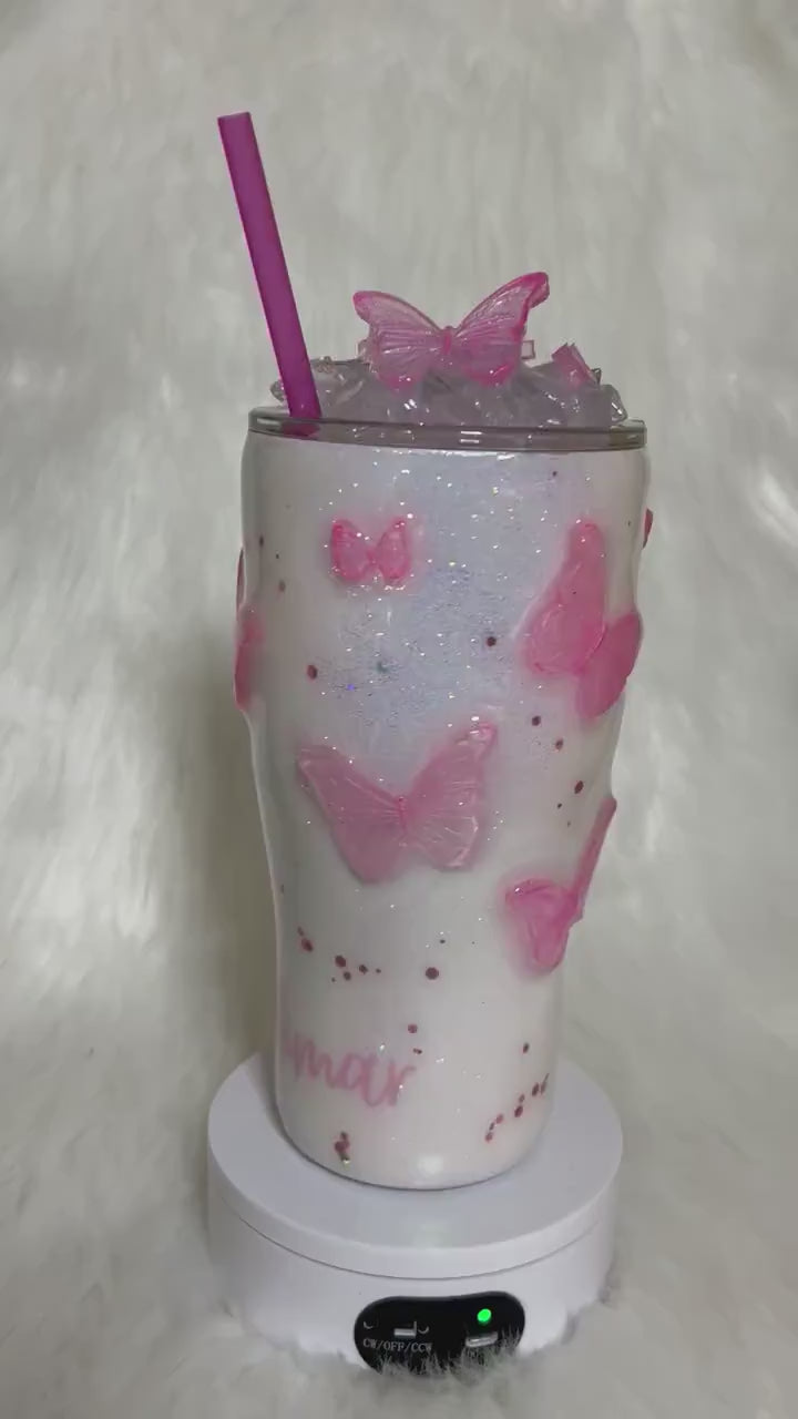 Pink Butterflies Tumbler with 3D butterflies and 3D removable butterflies lid topper, Baby pink, pink tumbler, glitter pink and white cup.