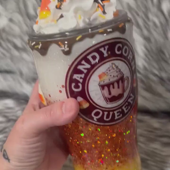 Candy Corn Queen Glitter Tumbler – Handmade Halloween Cup | Optional 3D Topper | Custom Fall Drinkware