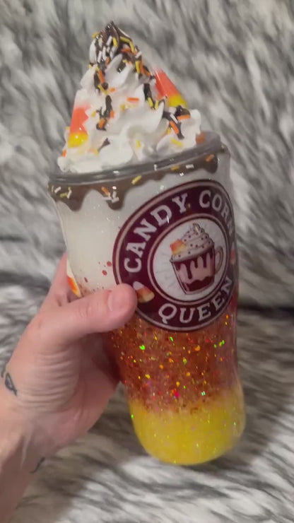 Candy Corn Queen Glitter Tumbler – Handmade Halloween Cup | Optional 3D Topper | Custom Fall Drinkware