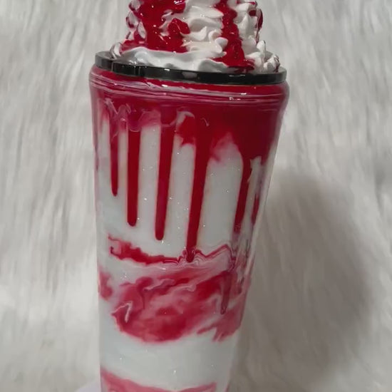 Strawberry Mocha with 3D removable topper tumbler and 3D red dripping, Glitter Cup, Whipped Cream topper, red and glitter.