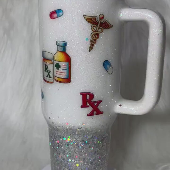 Pharmacy Tech tumbler on a white and silver glitter background , pharmacist cup, white and silver tumbler personalizeable.