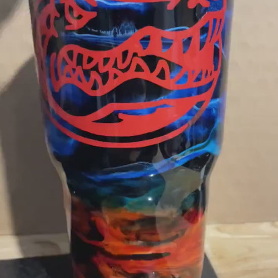 Gator Tumbler, Blue and Orange swirl Cup (with slide lid and straw). Gift for him.