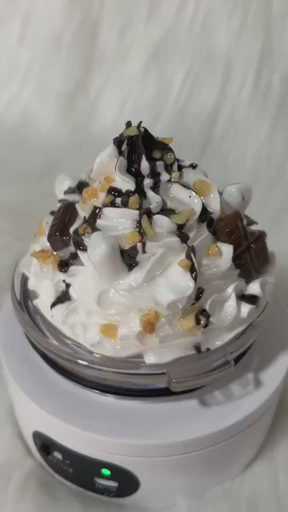 Whipped cream, chocolate, chopped faux peanuts and mini marshmallows removable toppers and lid for tumblers. Topper replacement lid.