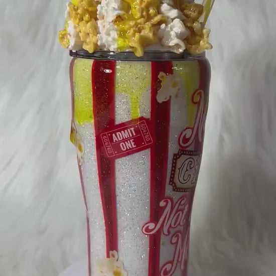 Popcorn Tumbler with 3D removable topper with realistic kernels and 3d butter dripping, not my circus not my monkeys, red and white glitter