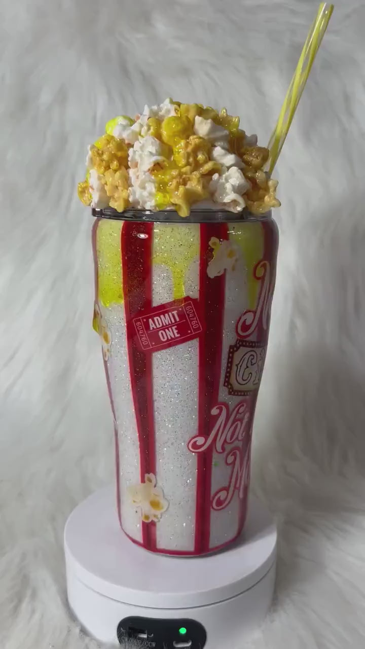 Popcorn Tumbler with 3D removable topper with realistic kernels and 3d butter dripping, not my circus not my monkeys, red and white glitter