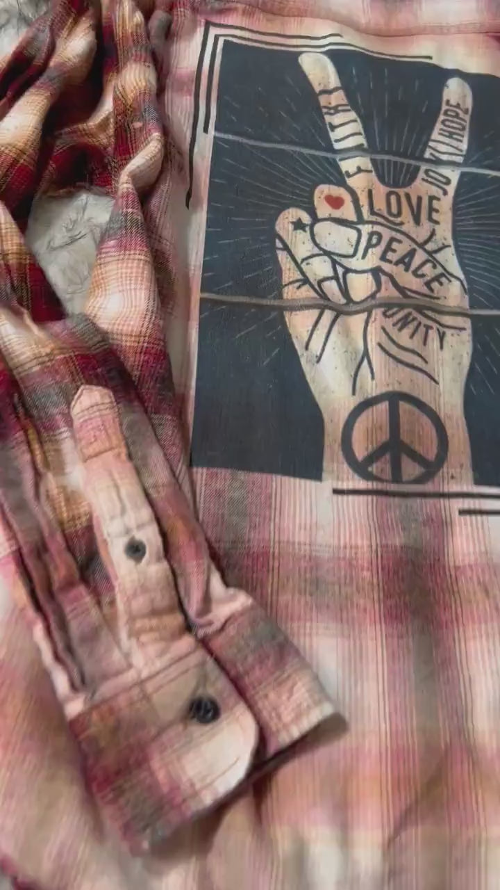 Flannel Love, Peace, Unity, Faith, Joy, Hope Bleached/Distressed. Hippie Flannel, choose your flannel size and color. Gift for her.