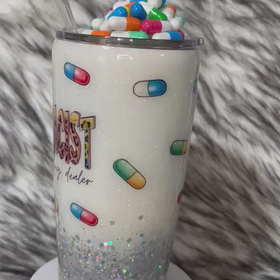 Pharmacist Tumbler with 3D fake pills removable topper, white and silver glitter. Bottom glitter color can be changed. Personalizeable Cup.