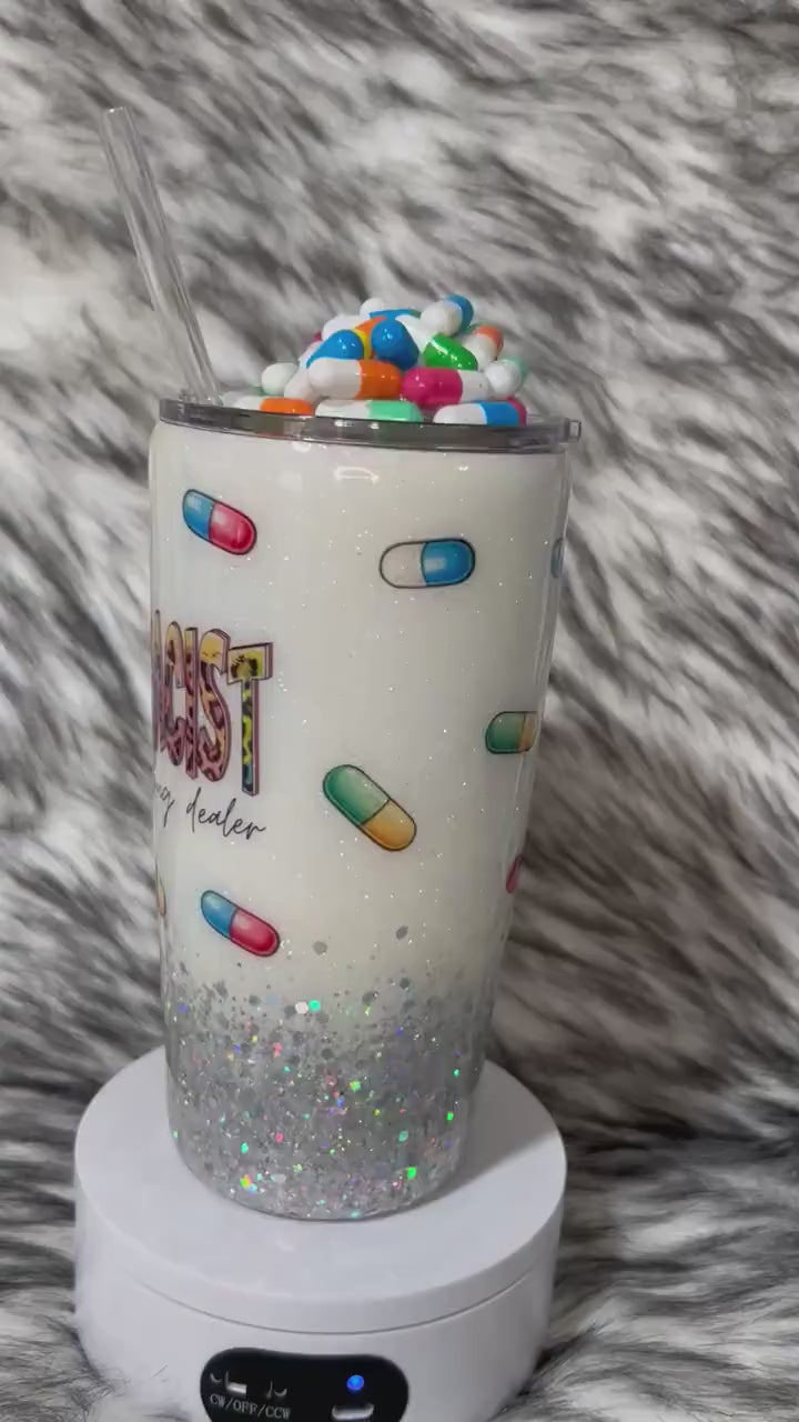 Pharmacist Tumbler with 3D fake pills removable topper, white and silver glitter. Bottom glitter color can be changed. Personalizeable Cup.