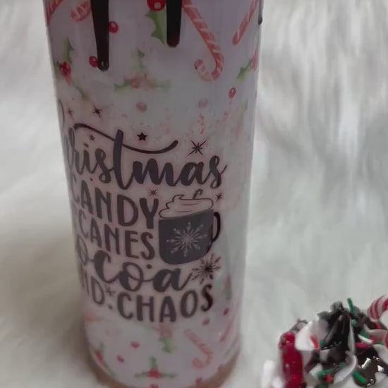 Christmas Tumbler, 20oz Straight Skinny with 3d whipped cream removable topper, Christmas, candy canes, cocoa and chaos with glitter tumbler