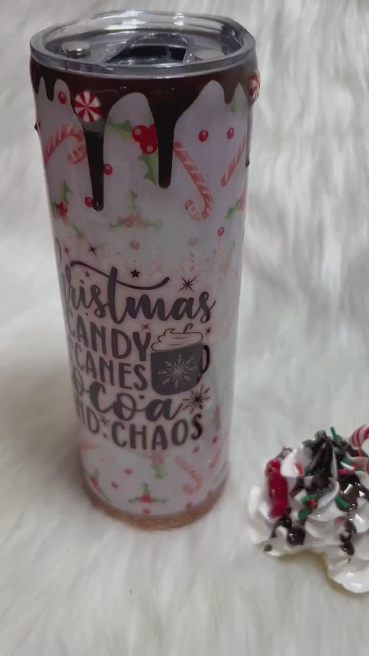 Christmas Tumbler, 20oz Straight Skinny with 3d whipped cream removable topper, Christmas, candy canes, cocoa and chaos with glitter tumbler