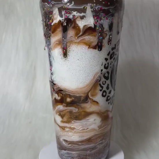 Chocolate mocha donut Tumbler, 3d donut tumbler with chocolate color dripping removable topper and sprinkles. 3d dripping glitter tumbler.