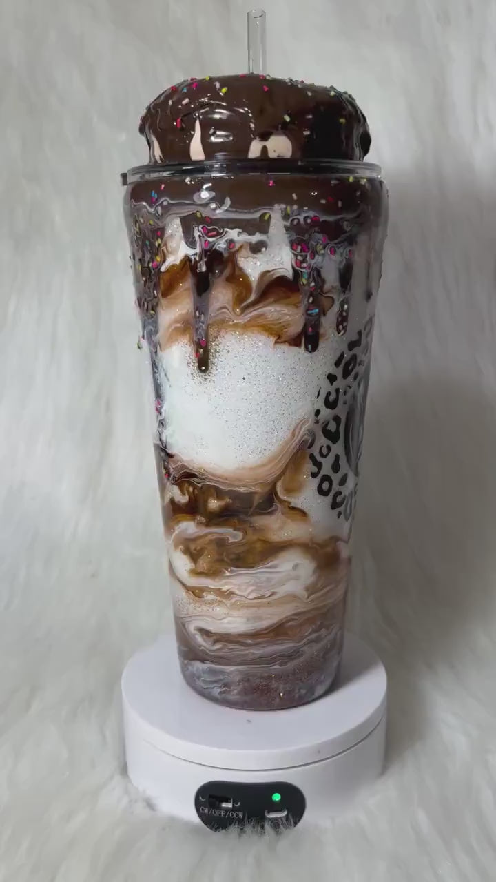 Chocolate mocha donut Tumbler, 3d donut tumbler with chocolate color dripping removable topper and sprinkles. 3d dripping glitter tumbler.