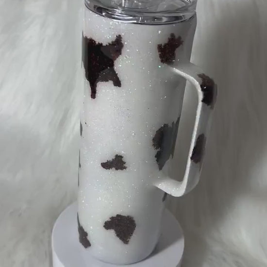 Highland cattle cow print glitter tumbler, animal print cup, cow lovers tumbler personalizeable (option to add a name)