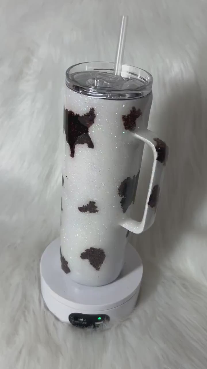 Highland cattle cow print glitter tumbler, animal print cup, cow lovers tumbler personalizeable (option to add a name)