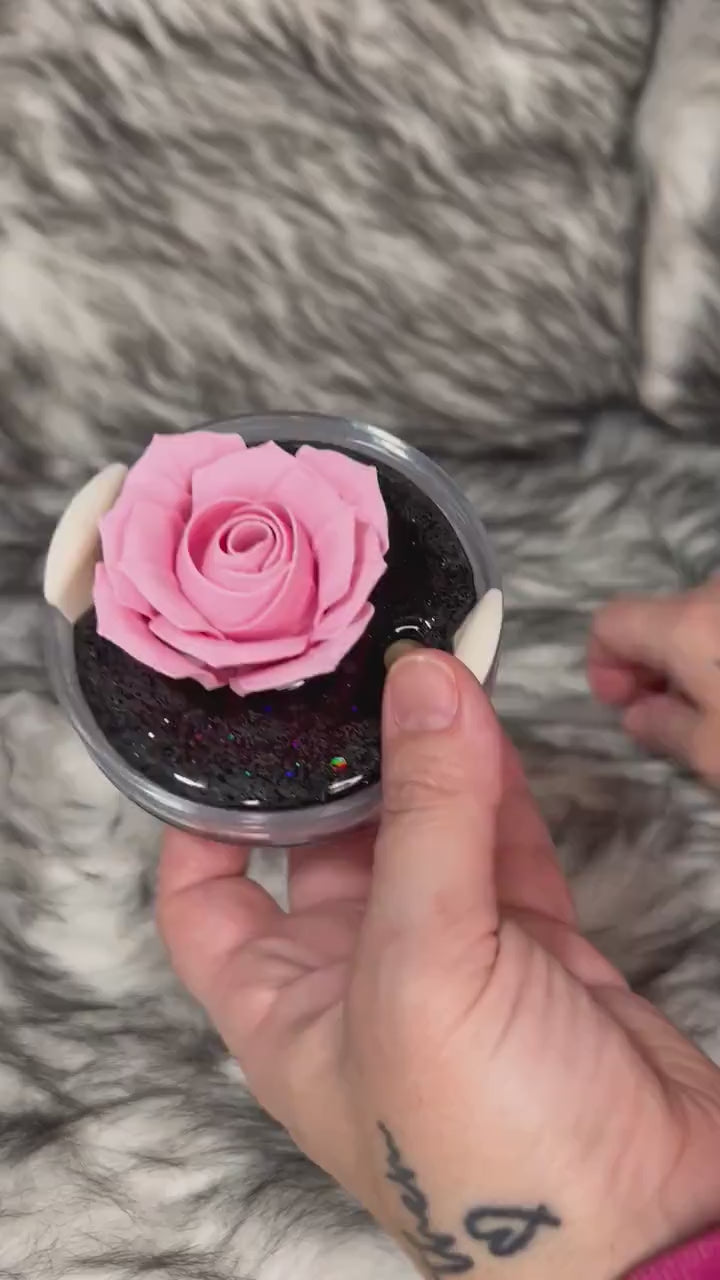 Rose Tumbler Topper, 3D Pink Flower Lid With Black Glitter Base Topper, Aesthetic Drink Lid, Pretty Cup Lid, Decorative Tumbler Cover