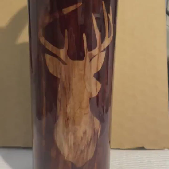 Hand Painted Deer Tumbler: Wood Grain Stainless Steel Hunter Gift