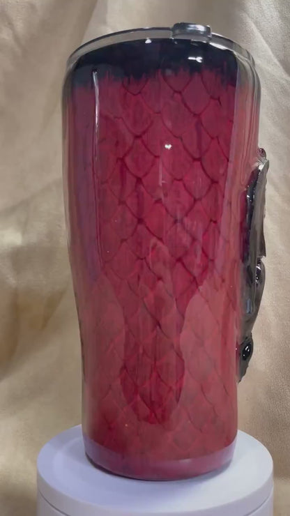 Personalized 3D Dragon Scale Tumbler, Red & Black Stainless Steel Cup, Handmade Fantasy Dragon Mug, Custom Name Gift
