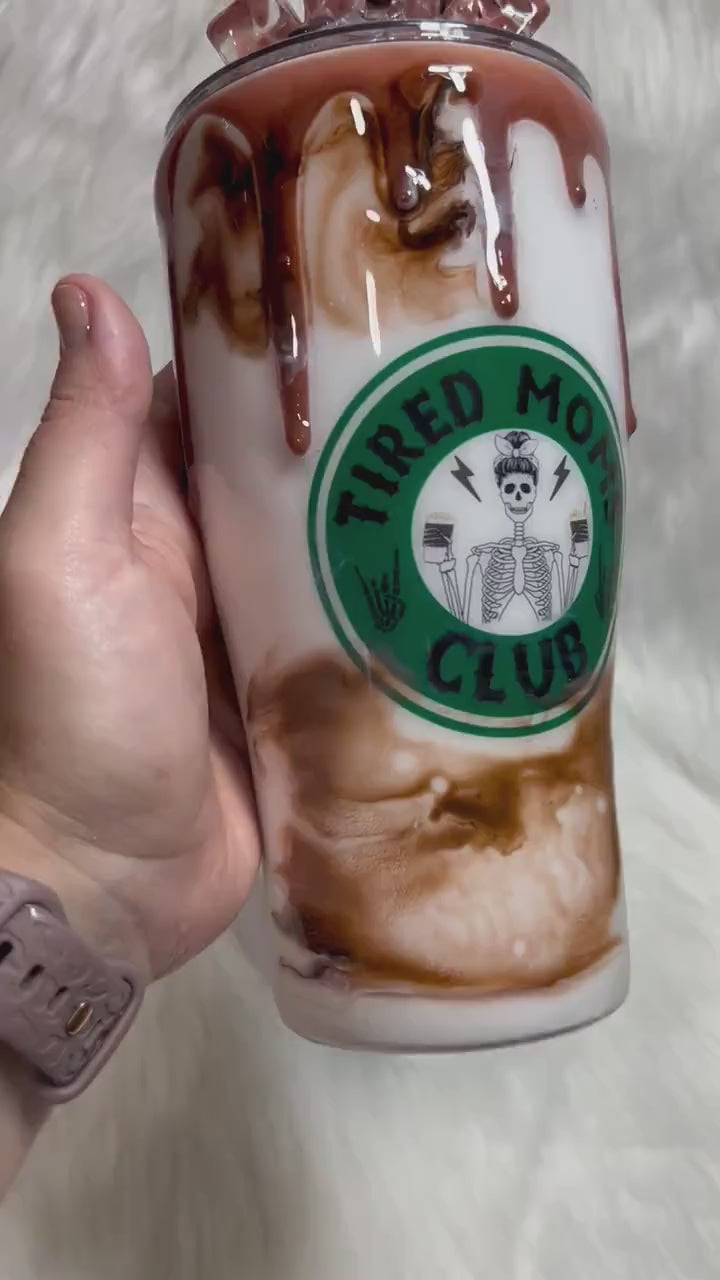 Iced Coffee tumbler with 3d ice and coffee beans removable topper, gift for ice coffee lovers, hot/cold beverages, 3d drizzle and dripping.