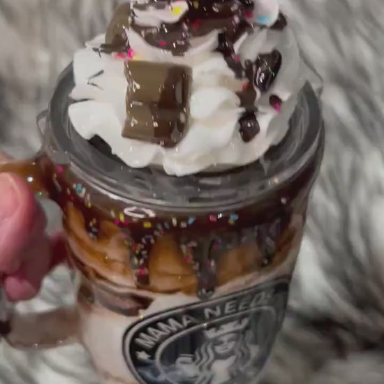 Chocolate Mocha tumbler Mama needs her coffee with 3d realistic cherry top whipped cream removable topper, chocolate drizzle and dripping.