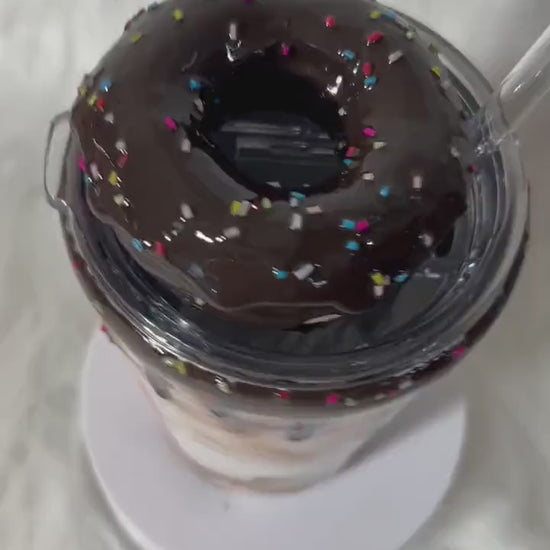 Dunkie Junkie Tumbler, 3d donut tumbler with chocolate dripping removable topper and sprinkles. Chocolate Dunkie Junkie.