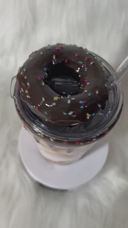 Dunkie Junkie Tumbler, 3d donut tumbler with chocolate dripping removable topper and sprinkles. Chocolate Dunkie Junkie.