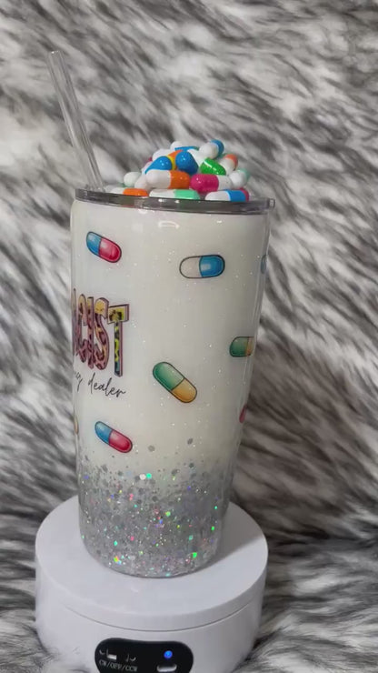 Pharmacist Tumbler: 3D Fake Pills Topper, Personalized Glitter Cup