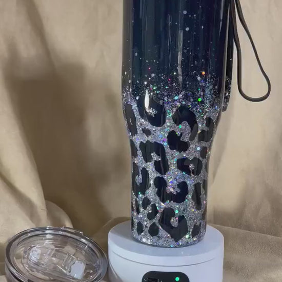 Leopard print tumbler, Black and Silver glitter animal print Tumbler with handle or many other cup sizes and styles available.