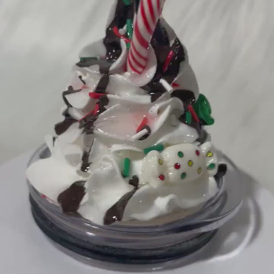 Whipped cream Christmas topper with candy cane and chocolate dripping removable topper and lid for different size tumblers. Faux topper.