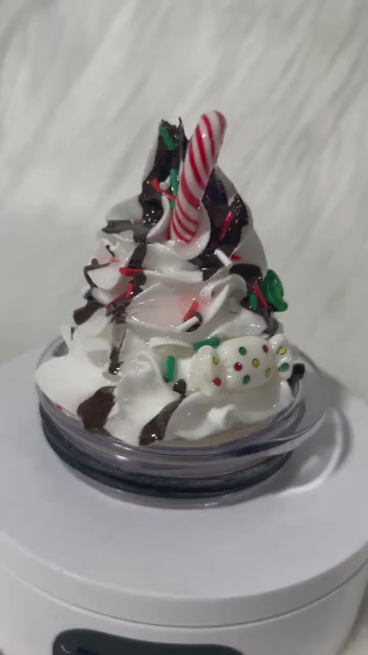 Whipped cream Christmas topper with candy cane and chocolate dripping removable topper and lid for different size tumblers. Faux topper.