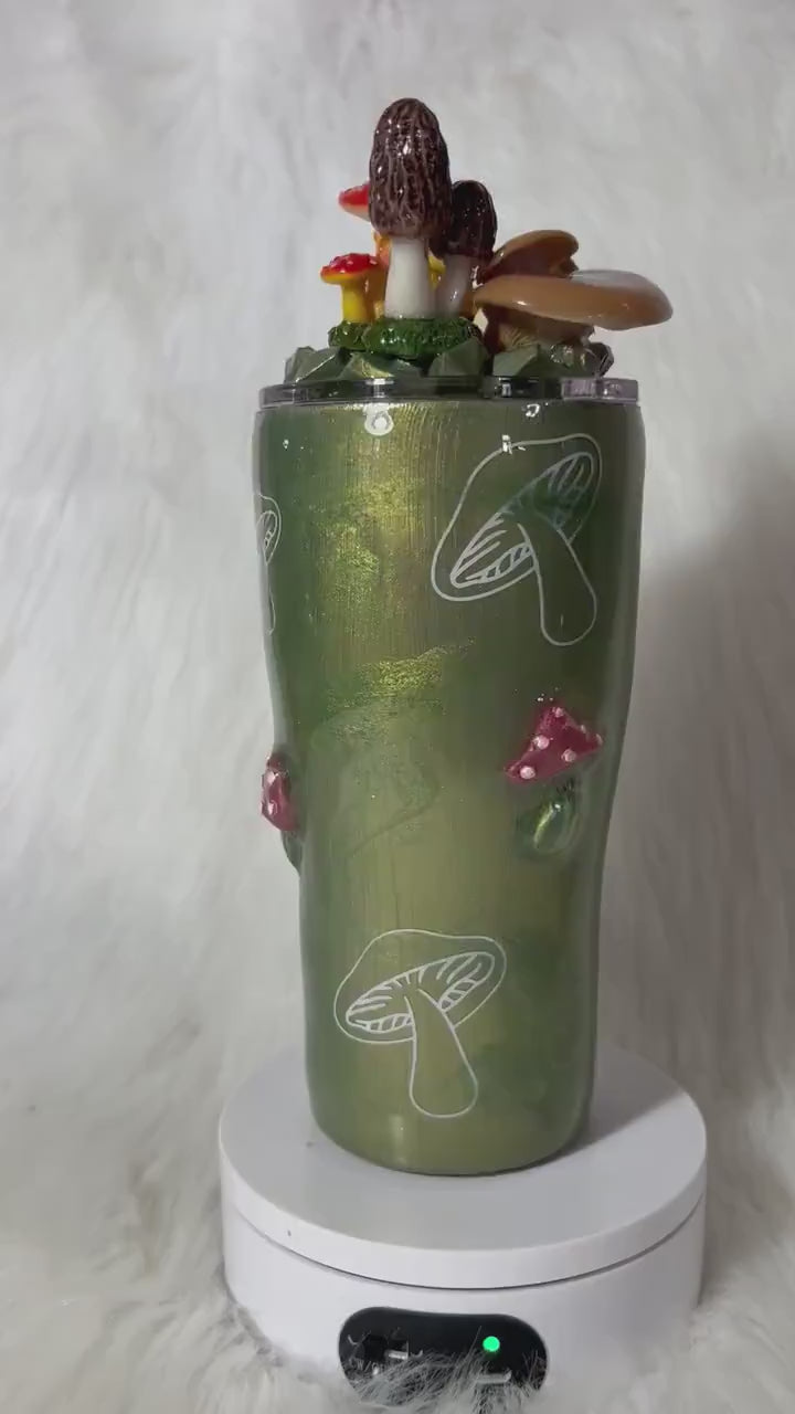 Mushrooms Tumbler with 3D topper tumbler, Nature Tumbler, faux mushrooms removable topper, 3d mushrooms cup, gift for her, fungi Tumbler.