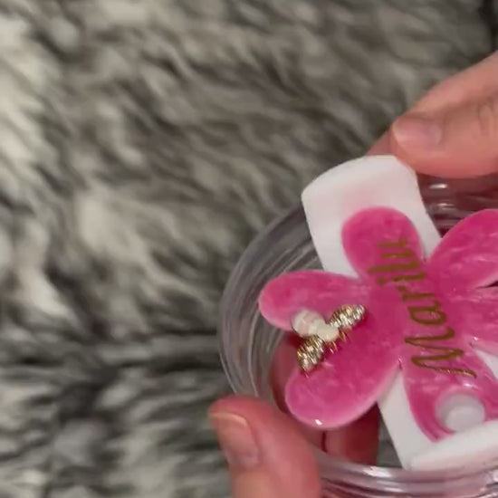 Personalized Stanley Tumbler Topper: Pink Shimmer Flower, 3D Bee, Glitter Resin