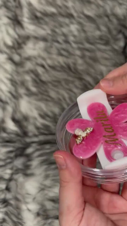 Personalized Stanley Tumbler Topper: Pink Shimmer Flower, 3D Bee, Glitter Resin