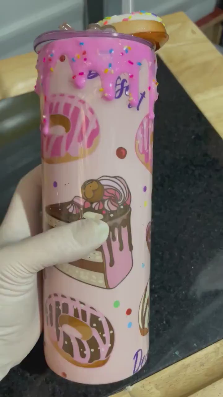 3D Donut Topper Tumbler: Pink Pastries Design, Glitter Detail