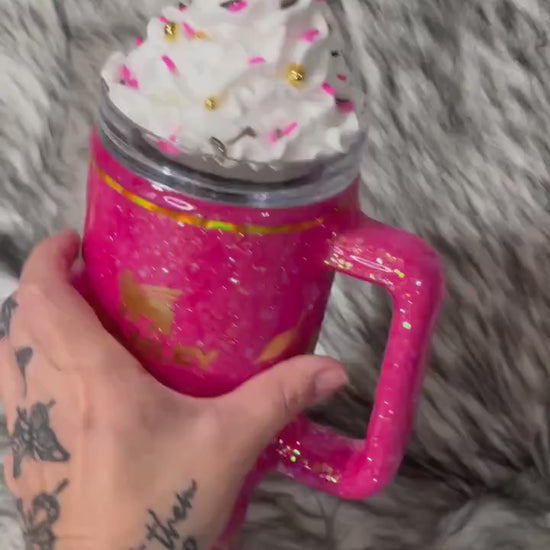 Cherry Tumbler with hot pink glitter background, Gold Cherries and whipped cream removable topper, personalized tumbler. Made to order cup.