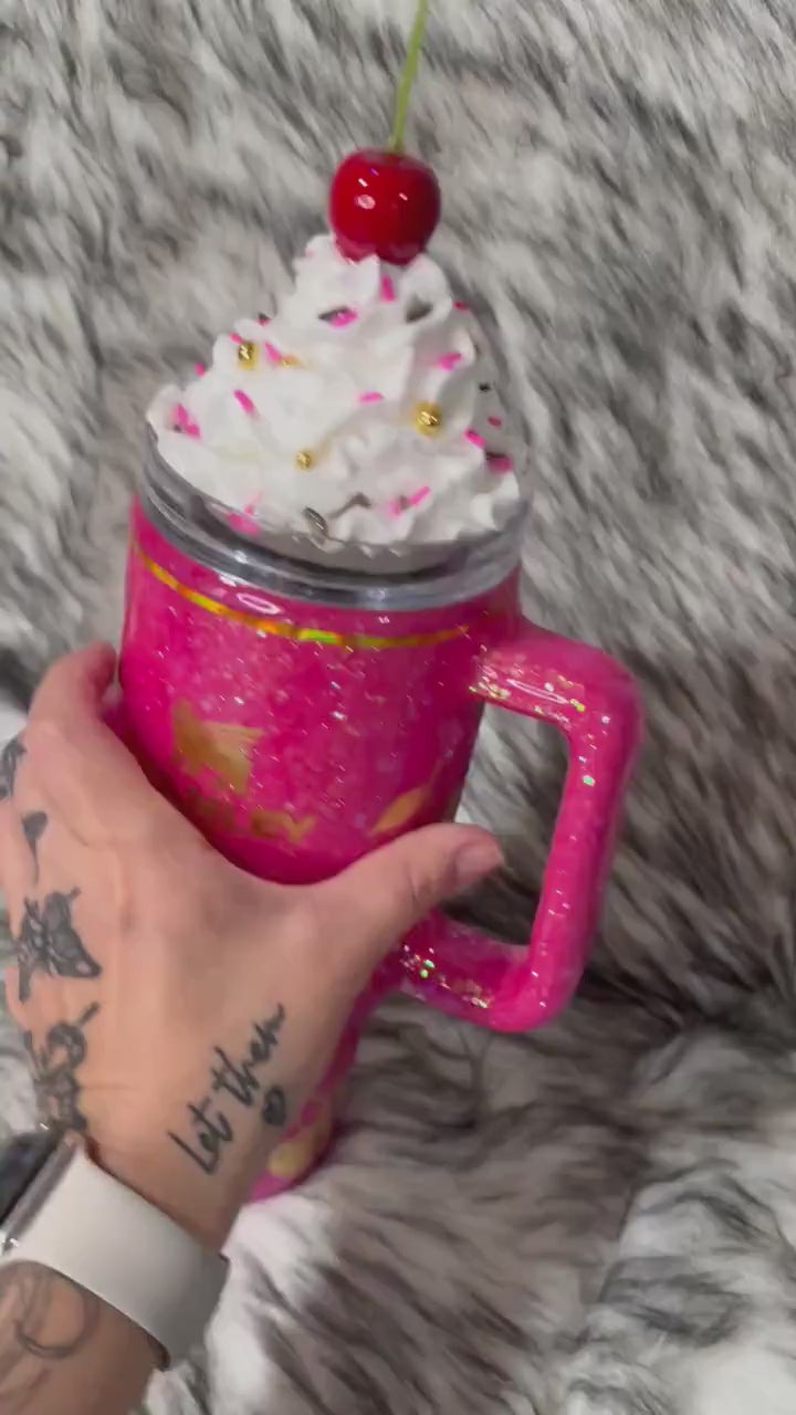Cherry Tumbler with hot pink glitter background, Gold Cherries and whipped cream removable topper, personalized tumbler. Made to order cup.
