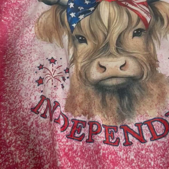 Little Miss Independent t-shirt, retro distressed Highland Cow patriotic design shirt, bleached red super soft tee, gift for her or him.