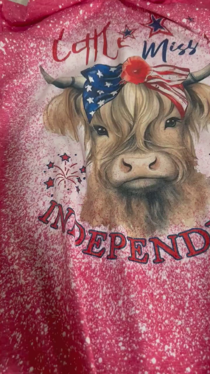 Little Miss Independent t-shirt, retro distressed Highland Cow patriotic design shirt, bleached red super soft tee, gift for her or him.