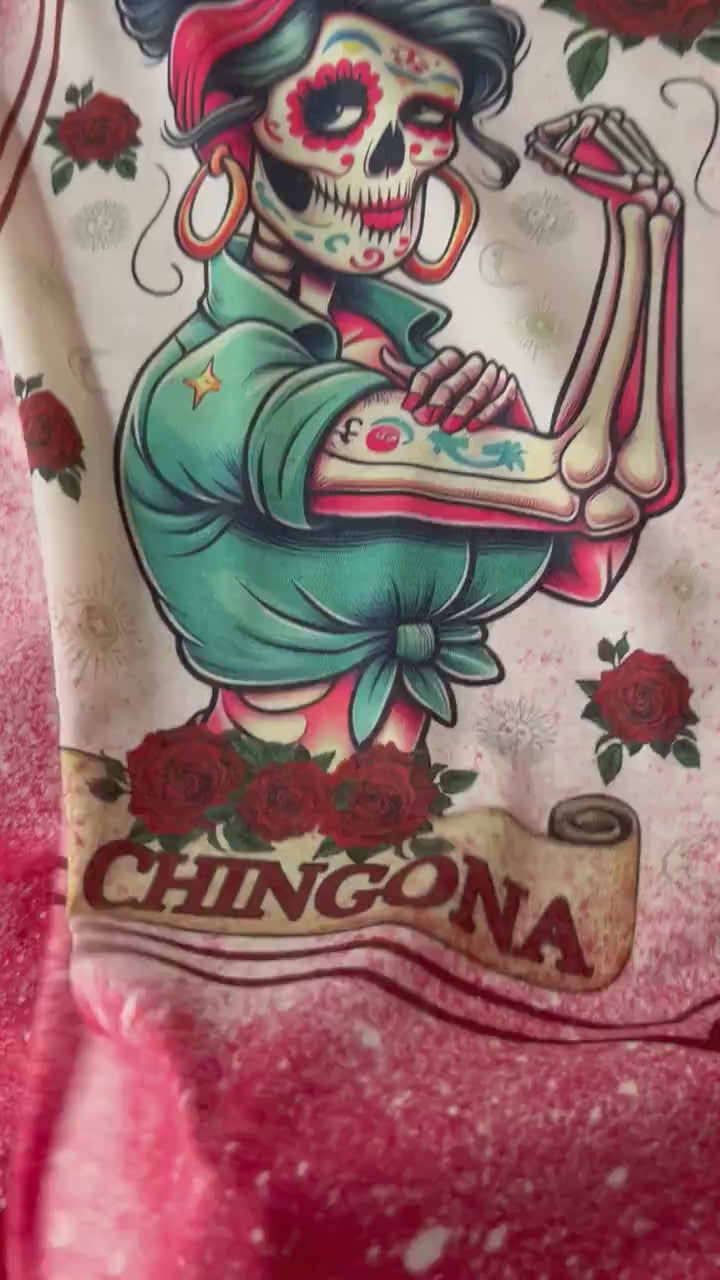 La Chingona Tarot Skeleton T-Shirt, Bleached Distressed Tee