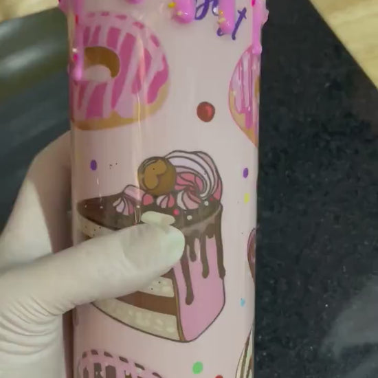 Donut Tumbler, 20oz Straight Skinny pink donut and pastries design with 3d donut topper with a touch of glitter, straw and extra plain lid